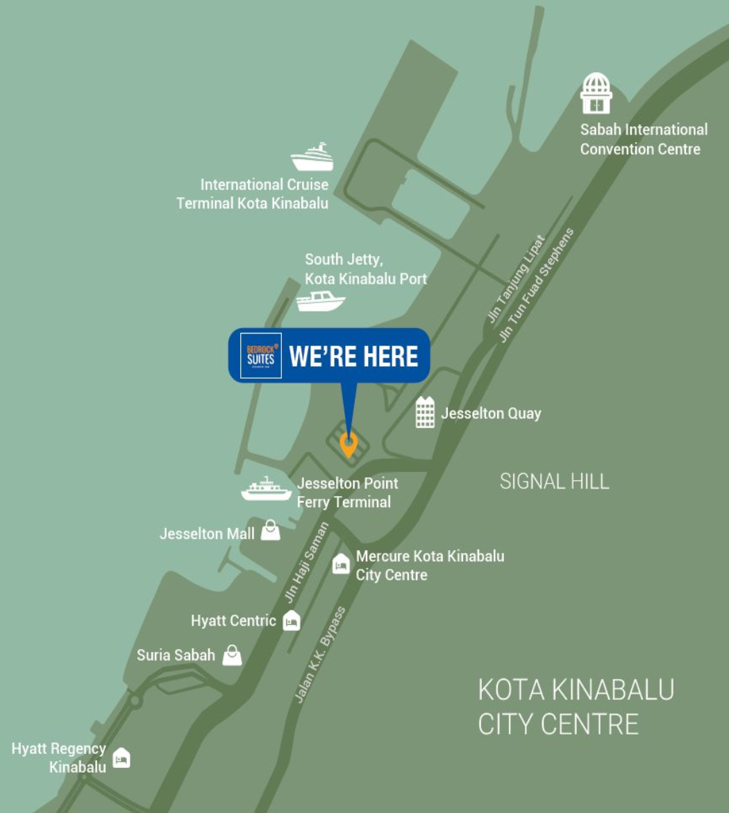 Location map showing The Bedrock beside Jesselton Point and nearby Kota Kinabalu destinations
